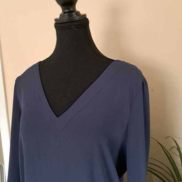 Loft Blouse Tie Back Blue Women's Small V-neck Long Sleeved Gathered Shoulder - Picture 9 of 16